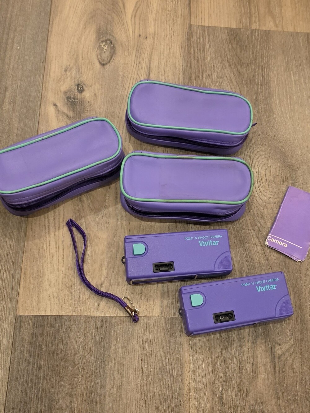 2 Vtg 1987 Vivitar Point 'N Shoot 110 Film Cameras Purple w/ Manual & 3 Cases